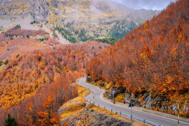 Arnavutluk 'un kuzeyindeki Thethi Ulusal Parkı' nın dağlarında sonbahar yolu. 
