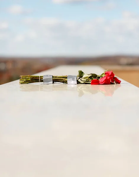 Sekelompok Mawar Merah Ditempatkan Dinding Batu Marmer Makam Peringatan Mausoleum — Stok Foto