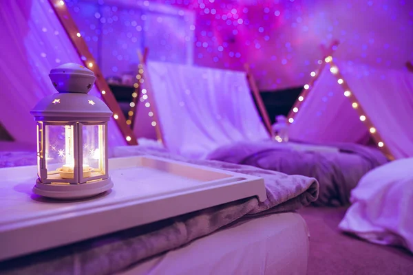 Girls Birthday Party Sleepover Enchanted Indoor Tent Lanterns Light Projector — Stock Photo, Image