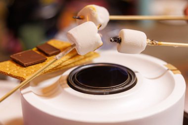 Taşınabilir bir kamp ateşinde S 'more yapıyorum.