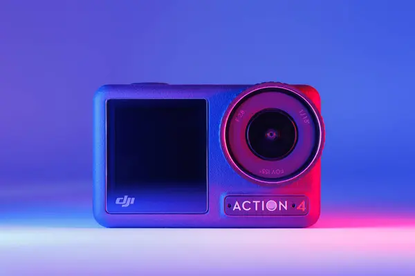 stock image Closeup of DJI Osmo Action 4 Camera in Neon Lighting