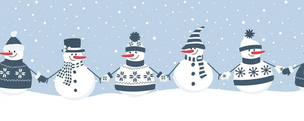 Hóemberek Örvendeznek Téli Ünnepeken Zökkenőmentes Határ Karácsonyi Háttér Különböző Hóemberek — Stock Vector