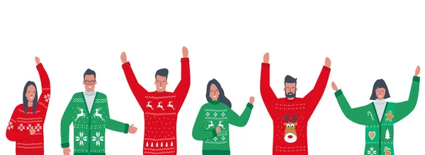 Ugly Christmas Sweater Party Happy Young People Red Green Christmas — Stock Vector