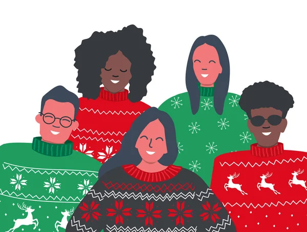 Boldog Fiatalok Piros Zöld Karácsonyi Csúnya Pulóverben Állnak Együtt Különböző — Stock Vector