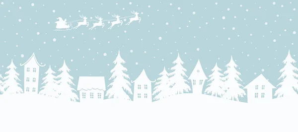 圣诞节的背景冬天的村子没有缝隙的边界童话般的冬季风景 圣诞老人骑着鹿在天空中飞驰 浅蓝色背景上有白色的房子和冷杉树 — 图库矢量图片