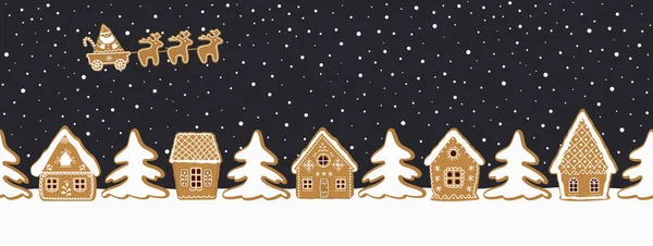 圣诞节的背景姜饼村 没有缝隙的边界那里有姜饼屋 深蓝色背景的冷杉树 圣诞老人骑着鹿在天空中飞驰 — 图库矢量图片