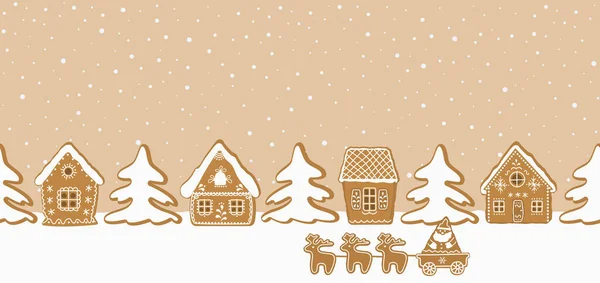 Lebkuchendorf Weihnachtlicher Hintergrund Nahtlose Grenze Gibt Lebkuchenhäuser Und Tannenbäume Auf — Stockvektor