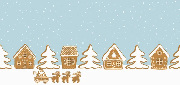 姜饼村 圣诞节的背景没有缝隙的边界有姜饼屋和淡蓝色背景的冷杉树 圣诞老人骑在鹿背上 矢量说明 — 图库矢量图片