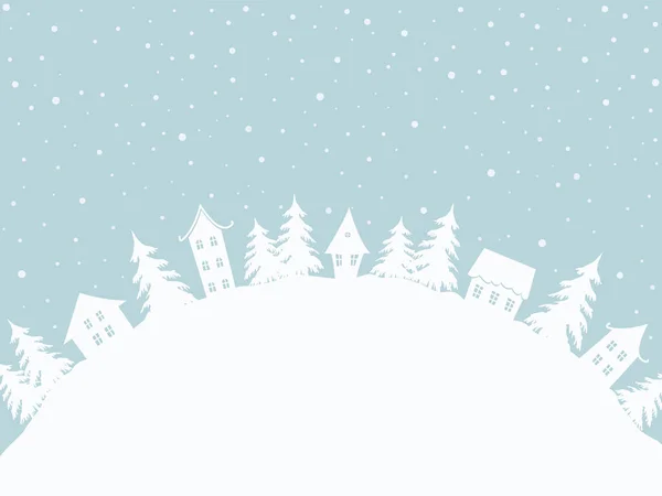 圣诞节的背景冬天的村子童话般的冬季风景 图上是浅蓝色背景上的白色房屋和冷杉树 有一个地方你的文字 矢量说明 — 图库矢量图片