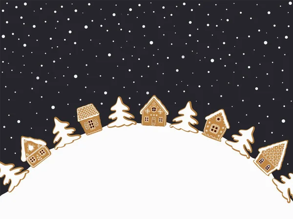 Kerst Achtergrond Peperkoek Dorp Zijn Peperkoeken Huizen Dennenbomen Donkerblauwe Achtergrond — Stockvector
