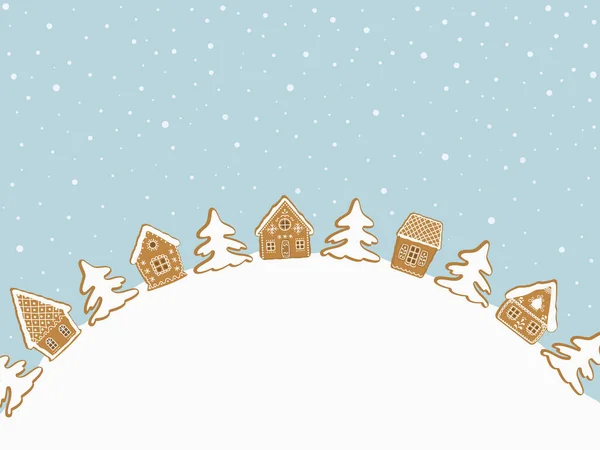 圣诞节的背景姜饼村 有姜饼屋 淡蓝色背景的冷杉树 童话般的冬季风景 矢量说明 — 图库矢量图片
