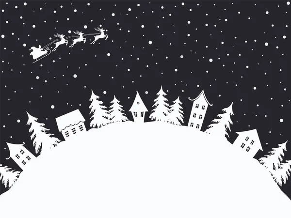 圣诞节的背景冬天的村子童话般的冬季风景 在深蓝色的背景上有白色的房子和冷杉树 圣诞老人骑着鹿在天空中飞驰 矢量说明 — 图库矢量图片