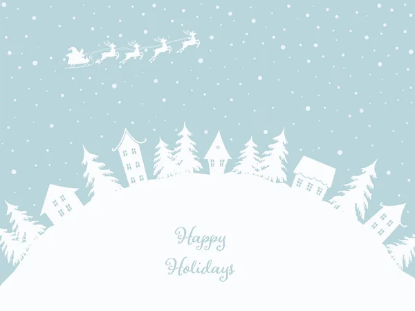 クリスマスの背景 冬の村 おとぎ話の冬の風景 明るい青の背景に白い家やモミの木 サンタクロースは鹿に乗って空を横切って乗っている ベクターイラスト — ストックベクタ