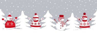 Kardan adamlar kış tatillerinde sevinirler. Kusursuz sınır. Noel arkaplanı. Kırmızı kış kıyafetleri ve köknar ağaçları içinde dört farklı kardan adam. Tebrik kartı şablonu. Vektör illüstrasyonu