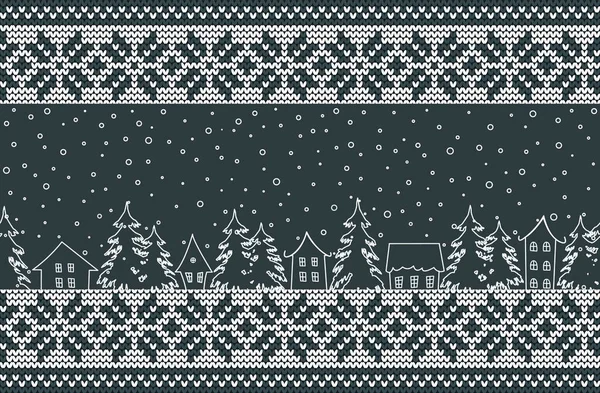 Christmas Background Winter Pattern Seamless Border White Silhouettes Houses Fir — Stock Vector