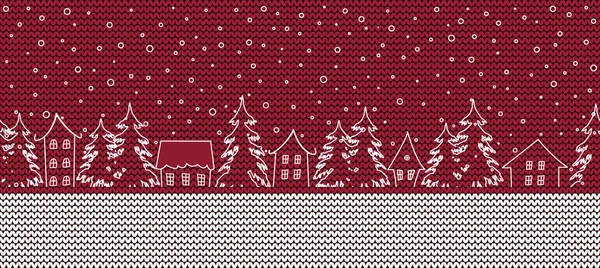 stock vector Christmas background. Winter village. Seamless border. White silhouettes of houses and fir trees on red knitted background. Vector illustration