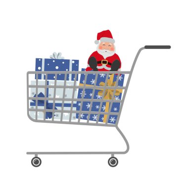 Noel hediyeli alışveriş arabası ve Noel Baba oyuncağı. Beyaz arkaplanda vektör illüstrasyonu