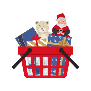 Noel hediyeli alışveriş sepeti, oyuncak ayı ve Noel Baba. Beyaz arkaplanda vektör illüstrasyonu