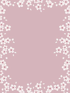 Bahar çiçeği çerçevesi. Çiçek açan kiraz dallarıyla donatılmış bir arka plan. Pembe arka planda beyaz çiçekler ve tomurcuklar. Vektör illüstrasyonu