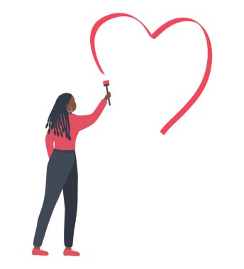 Valentine's day illustration. Young black woman draws a red heart. Vector illustration