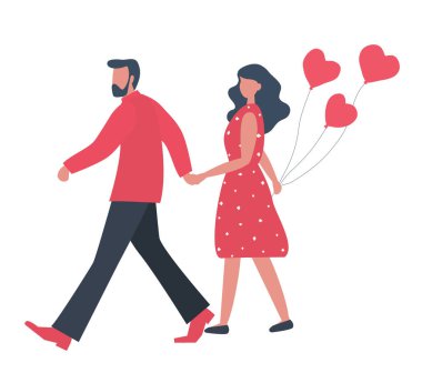 Valentine's day illustration. Young man walks with young woman holding hands. Young couple with heart shaped balloons. Vector illustration