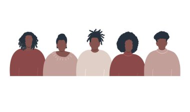 Siyahi insanlar grubu. Birlikte daha güçlü bir konsept. Farklı erkek ve kadınların dayanışması. Farklı insan siluetleri. Vektör illüstrasyonu