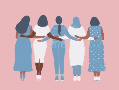 Kadınlar ayakta durup sarılıyorlar. Arkadan bak. Uluslararası Kadınlar Günü konsepti. Kadın topluluğu. Kadın dayanışması. Vektör illüstrasyonu