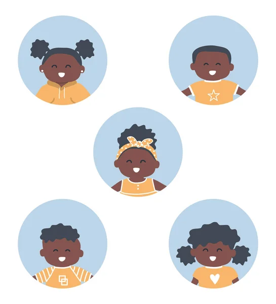 Ikony Dzieci Ustawione Pięć Różnych Obrazów Czarnych Dzieci Dziewczynki Mali — Wektor stockowy