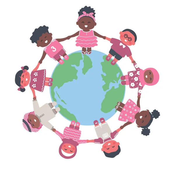 Kinderen Rond Planeet Aarde Multiculturele Groep Kinderen Die Elkaars Hand — Stockvector