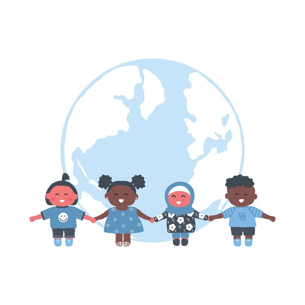 Multiculturele Groep Kinderen Die Elkaars Hand Vasthouden Kinderen Staan Wereldbol — Stockvector