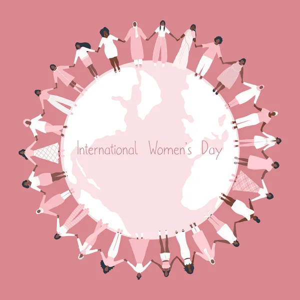 Vrouwen Houden Elkaars Hand Vast Staan Rond Wereldkaart International Women — Stockvector