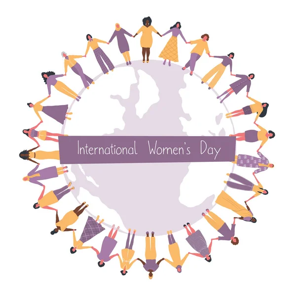 Vrouwen Houden Elkaars Hand Vast Staan Rond Wereldkaart International Women — Stockvector