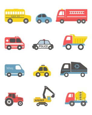 Beyaz arka planda izole edilmiş oyuncaklar. Farklı oyuncak arabalar: itfaiye arabası, kamyon, polis arabası, taksi, otobüs, kazıcı, beton karıştırıcı kamyon, traktör. Erkek bebek için oyuncaklar. Vektör illüstrasyonu