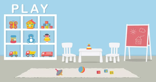 Spielzimmereinrichtung Kinderzimmer Blauer Farbe Schrank Mit Spielzeug Tafel Tisch Zwei — Stockvektor