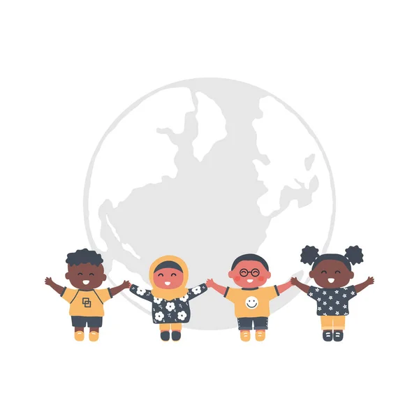 Multiculturele Groep Kinderen Die Elkaars Hand Vasthouden Kinderen Staan Wereldbol — Stockvector