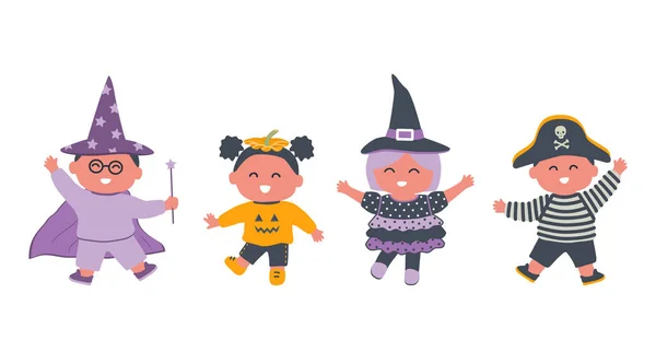 Halloween Barnkalas Barn Halloweendräkter Häxa Pirat Pumpa Och Trollkarl Bilden — Stock vektor