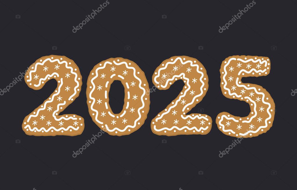 Galletas de Navidad en forma de números del año 2025. Tarjeta de