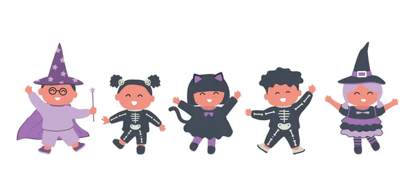 Halloween Barnkalas Barn Halloweendräkter Häxa Katt Trollkarl Skelett Barn Dansar — Stock vektor