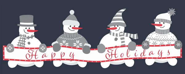 Happy Snowmen Holding Poster Happy Holidays Merry Christmas Greeting Card — Stock Vector