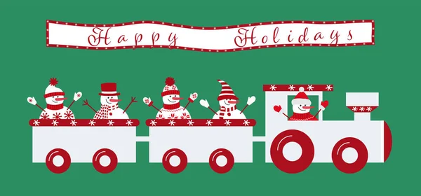 Train Noël Avec Bonhommes Neige Affiche Joyeuses Fêtes Modèle Carte — Image vectorielle