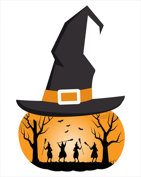 Halloween Party Sablon Boszorkányok Seprűvel Táncolnak Halloween Gyülekezet Fekete Sziluettek — Stock Vector