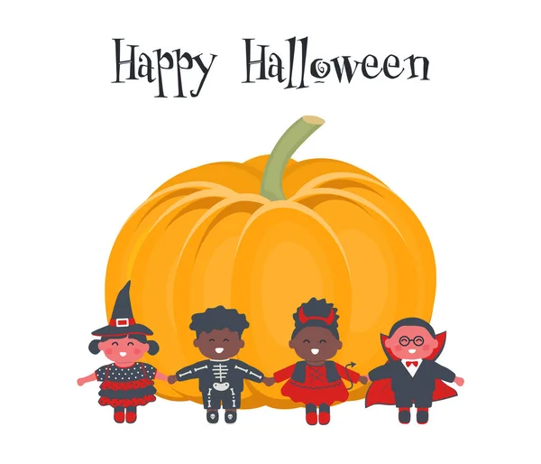 Halloween Gyerekek Party Sablon Gyerekek Halloween Jelmezek Állni Tök Háttér — Stock Vector
