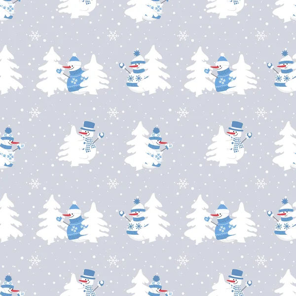 クリスマスの背景 シームレスなパターン かわいい雪だるまは楽しいです 青い冬服と白いモミの木の異なる雪だるま ベクターイラスト ベクターグラフィックス