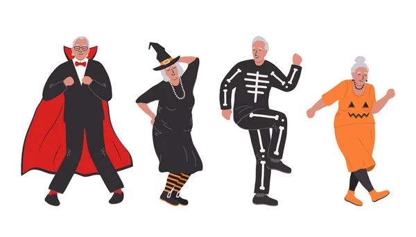Halloween Feestje Oudere Mensen Halloween Kostuums Dansen Hebben Plezier Vectorillustratie — Stockvector