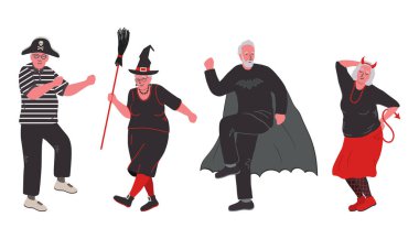 Cadılar Bayramı partisi. Cadılar Bayramı kostümü giymiş yaşlı insanlar dans ediyor ve eğleniyorlar. Olumlu aktif yaşlılar. Vektör illüstrasyonu.