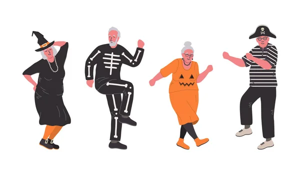 Festa Halloween Persone Anziane Costumi Halloween Ballano Divertono Anziani Attivi — Vettoriale Stock