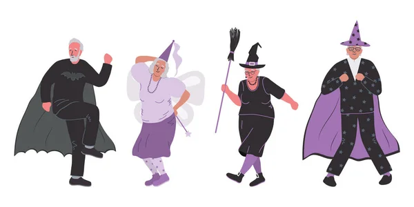 Halloween Feestje Ouderen Halloween Kostuums Dansen Positieve Actieve Senioren Vectorillustratie — Stockvector
