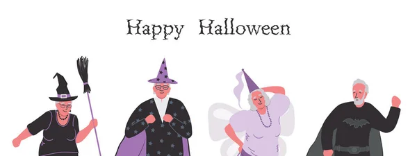 Halloween Party Sablon Idősek Halloween Jelmezben Táncolnak Pozitív Aktív Végzősök — Stock Vector