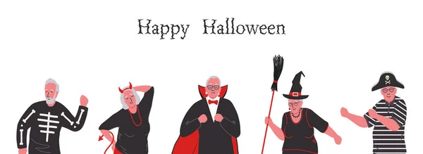 Старшие Люди Костюмах Хэллоуин Танцуют Веселятся Шаблон Вечеринки Хэллоуин Позитивные — стоковый вектор