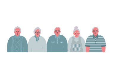 Yaşlılar topluluğu. Yaşlı erkekler ve yaşlı kadınlar birlikte duruyorlar. Mavili insanlar. Vektör illüstrasyonu